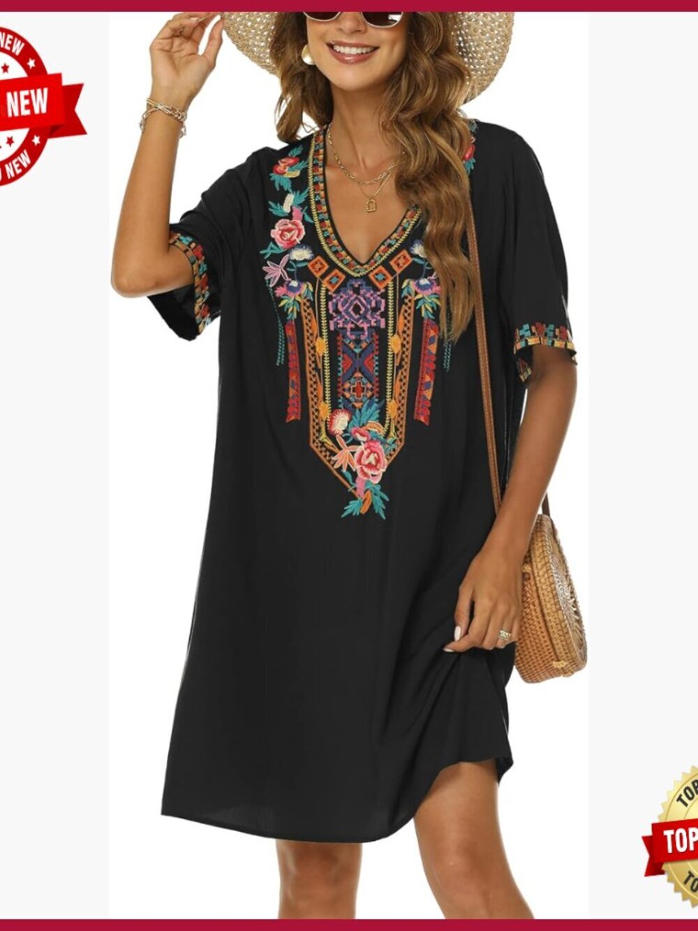 Plus Size Embroidered Mexican Peasant Dress Boho Floral Tunic Loose Fit